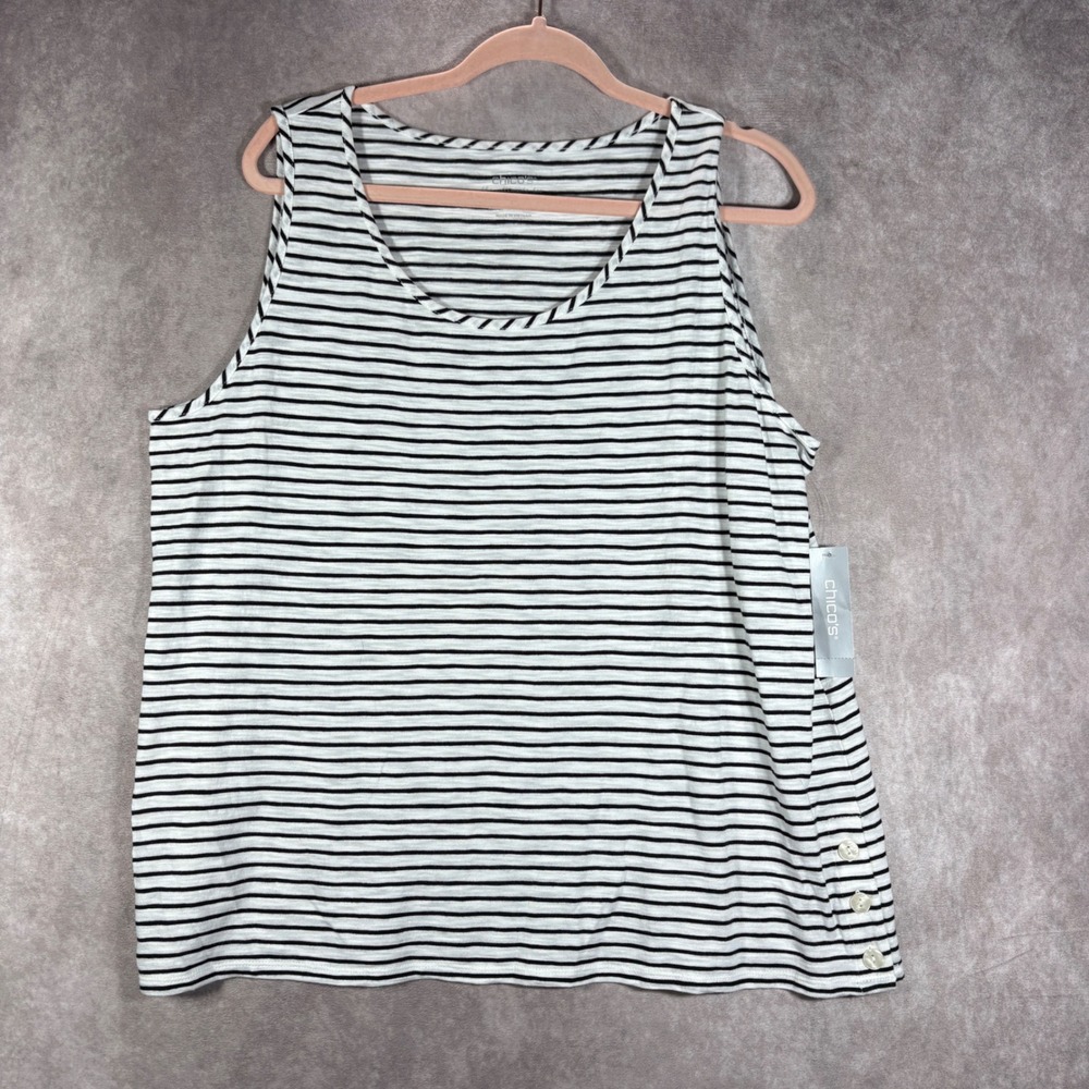 Chico's Tank Top Womens XL Black Cotton Slub Stripe Side Button Tank Basic NEW